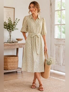 OBJECT Collectors Item EU 38/US M Sage Green Floral Cottagecore Shirt Dress
